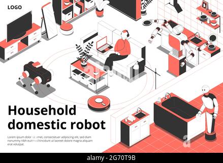 Household domestic indoor robots isometric composition with vacuuming floor washing bathtub cleaning appliances robotic kitchen vector illustration Stock Vector
