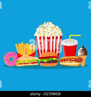 Fast food vector illustration, colorful junk food, street food icon illustration set Stock Vector