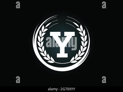 Initial letter Y sign symbol with wheat ears wreath. Organic wheat farming logo design concept. Agriculture logo design vector template. Stock Vector