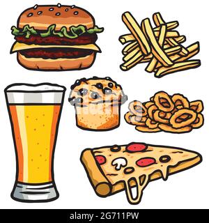 Fast Food, Junk Food Products Set. Isolated on White Background. Vector Image Stock Vector