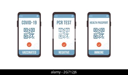 QR code with PCR test, vaccine and health passport. Check of safety from covid-19. Electronic results on smartphone screen. New normal for travel Stock Vector