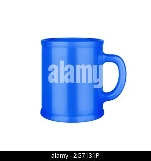Blue ceramic cup white background isolated closeup, dark blue coffee mug with handle, teacup, crockery, ceramics, porcelain kitchen utensil, empty cup Stock Photo