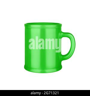 Green ceramic cup on white background isolated closeup, coffee mug with handle, green teacup, crockery, ceramics, porcelain kitchen utensil, empty cup Stock Photo