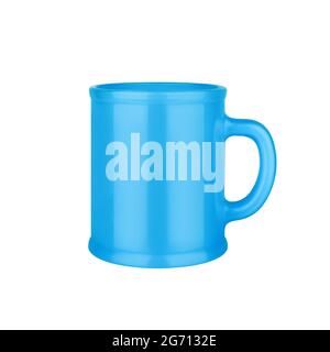 Blue ceramic cup white background isolated closeup, light blue coffee mug with handle, teacup, crockery ceramics, porcelain kitchen utensil, empty cup Stock Photo