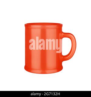 Orange ceramic cup on white background isolated close up, red coffee mug with handle, teacup, crockery, ceramics, porcelain kitchen utensil, empty cup Stock Photo