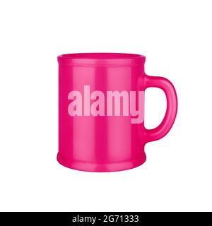 Pink ceramic cup on white background isolated close up, red coffee mug with handle, teacup, crockery, ceramics, porcelain kitchen utensil, empty cup Stock Photo