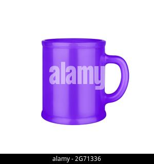 Purple ceramic cup on white background isolated close up, violet coffee mug with handle, blue teacup, crockery, ceramics, porcelain kitchen utensil Stock Photo