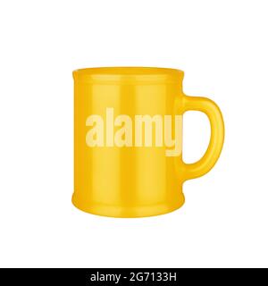 Yellow ceramic cup on white background isolated close up, coffee mug with handle, teacup, crockery, ceramics, porcelain kitchen utensil, empty tea cup Stock Photo