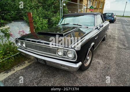 Ramsgate, United Kingdom - June 29, 2021: Hood of a 1965 Dodge Coronet 500 Stock Photo