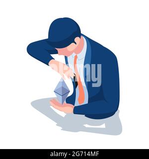 Flat 3d Isometric Businessman Holding Ethereum Symbol. Cryptocurrency and Blockchain Technology Concept. Stock Vector