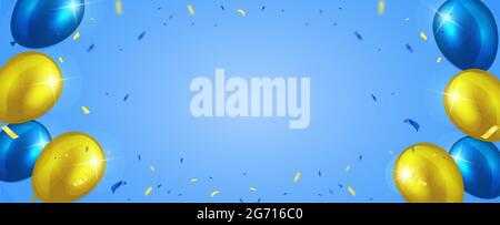 Ukraine happy independence day banner with empty space for your text. Realistic flying helium balloons in national blue and yellow colors with falling Stock Vector