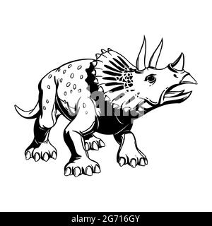 Comic triceratops ink drawing for print, tattoo, logo and design. Hand drawing. Vector illustration. Stock Vector