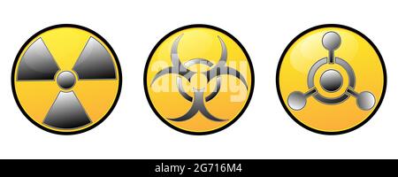 Set of circular signs of warnings. Ionizing radiation sign, Poison, Toxic sign and Biological hazard. Vector icons isolated on white background Stock Vector