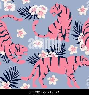 Vector seamless pattern with cute tigers on background. Circus animal show. Fashionable fabric design. Vector illustration of tigers with tropical lea Stock Vector