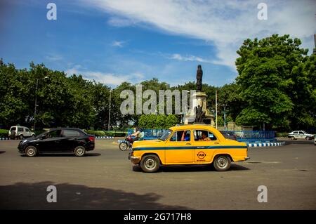 The famous yellow taxi of Kolkata. Stock Photo