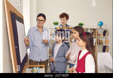 Female teacher explains to children the theme of the lesson by drawing on the school board. Stock Photo