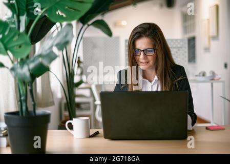 Mature business woman using laptop computer inside modern office - Focus on face Stock Photo