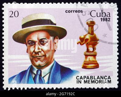 CUBA - CIRCA 1982: a stamp printed in the Cuba shows Jose Raul Capablanca and Rook, Cuban Chess Player, World Chess Champion from 1921 to 1927, circa Stock Photo