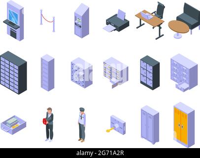 Deposit room icons set isometric vector. Money box. Access security Stock Vector