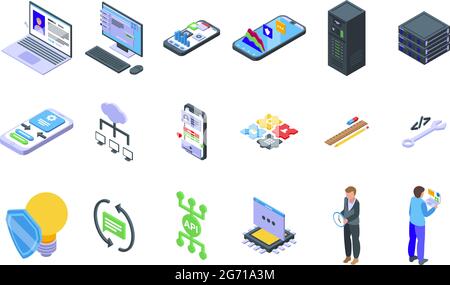 API icons set isometric vector. Develop code. Computer software Stock Vector