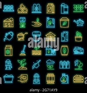 Fertilizer icons set. Outline set of fertilizer vector icons neon color on black Stock Vector