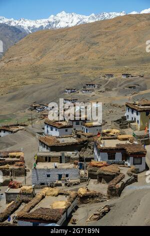 Hikkim, India - June 2021: View of Hikkim village in the Spiti valley in the Himalayas on June 29, 2021 in Himachal Pradesh, India. Stock Photo