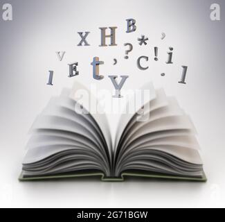 Open book with flying letters in the air. 3D illustration. Stock Photo