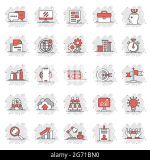 Business icons set in comic style. Finance strategy cartoon vector illustration on white isolated background. Marketing splash effect business concept Stock Vector