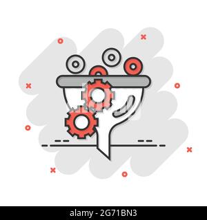 Filter icon in comic style. Funnel cartoon vector illustration on white isolated background. Chemical cone splash effect business concept. Stock Vector