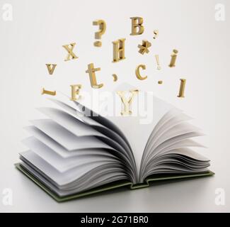 Open book with flying letters in the air. 3D illustration. Stock Photo