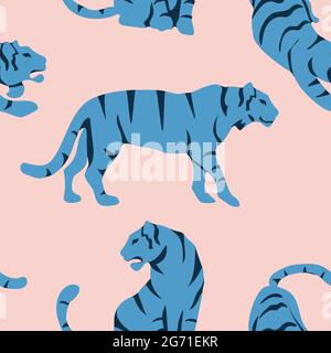 Vector seamless pattern with cute tigers on background. Circus animal show. Fashionable fabric design. Stock Vector