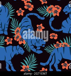 Seamless tropical pattern with tigers and a bouquet of hibiscus flowers and leaves. Ideal for wallpapers, web pages backgrounds, surface textures, tex Stock Vector