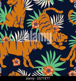 Seamless tropical pattern with tigers and a bouquet of hibiscus flowers and leaves. Ideal for wallpapers, web pages backgrounds, surface textures, tex Stock Vector