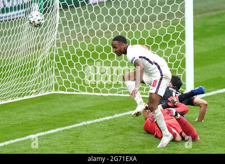 File photo dated 29-06-2021 of England's Raheem Sterling scores their side's first goal of the game during the UEFA Euro 2020 round of 16 match at Wembley Stadium, London. Issue date: Saturday July 10, 2021. Stock Photo
