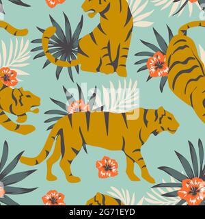Vector illustration of tigers with tropical leaves and exotic plants on a pastel background. Trendy seamless pattern. Stock Vector