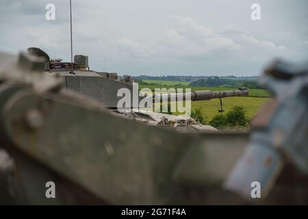 close up of a British Army military Challenger 2 Main Battle Tank in action   on Salisbury Plain UK Stock Photo