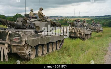 close up of a British Army military Challenger 2 Main Battle Tanks preparing for action on Salisbury Plain UK Stock Photo