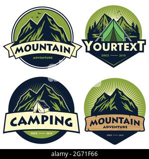 Set of Mountain Camping Logos, Templates, Vector Design Elements, Outdoor Adventure and Forest Expeditions. Vintage Emblems and Badges Illustration Stock Vector