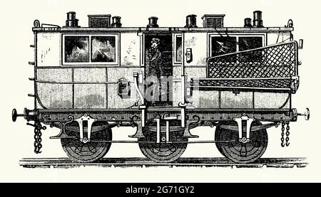 An old engraving of a British railway travelling post office carriage of the Victorian era. It is from a book of the 1890s on discoveries and inventions during the 1800s. A ‘Travelling Post Office’ (TPO) was a type of mail train used in Great Britain and Ireland where the post was sorted during the journey. Innovations were developed, such as the development of lineside pole and hook apparatus for picking up and setting down mailbags while travelling at speed. Here the netting device, projected out to capture lineside mailbags, is seen right.