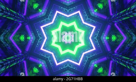 Abstract futuristic background 4K UHD 3d illustration with kaleidoscopic star shaped ornament with neon illumination forming tunnel perspective effect Stock Photo