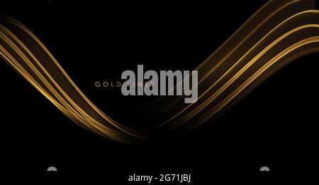 Abstract Gold Waves. Shiny golden moving lines design element on dark background for greeting card and disqount voucher. Stock Vector