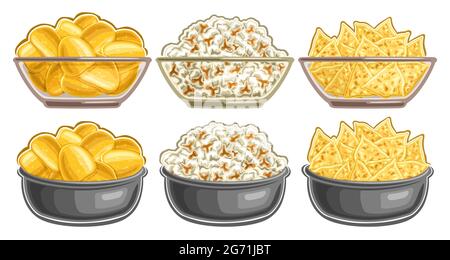 Vector set of Snacks in Bowls, collection of cut out illustrations tasty potato chips in full transparent bowl, cartoon pop corn with sweet caramel fl Stock Vector