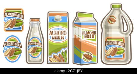 Vector Set of Almond Milk, lot collection of cut out illustrations labels with half and whole almond beans, cartoon bottle with white liquid, cardboar Stock Vector