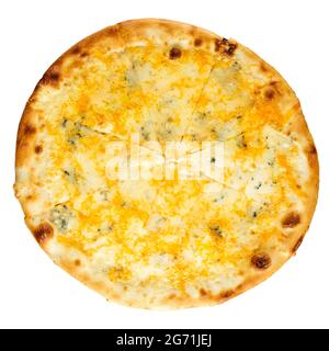 Isolated baked pizza with three cheese on white Stock Photo