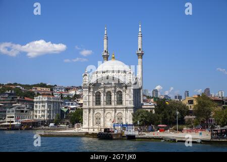 Besiktas,IstanbulTurkey - 11082020 : View of the Great Mecidiye Mosque from the sea. Stock Photo