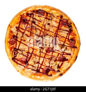 Isolated barbecue pizza with sausages on white Stock Photo