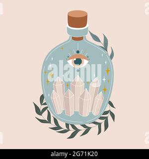 Magic bottle. Vintage potion. Witchcraft art. Flat vector illustration in pastel colors. Stock Vector