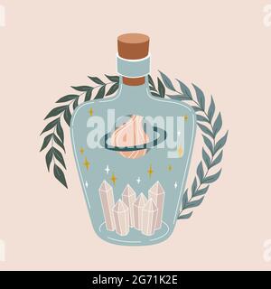 Magic bottle. Vintage potion. Witchcraft art. Flat vector illustration in pastel colors. Stock Vector