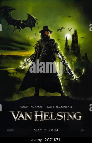 Van Helsing (2004) directed by Stephen Sommers and starring Hugh Jackman, Kate Beckinsale and Richard Roxburgh. Gothic horror where the famed monster hunter travels to Transylvania to face Count Dracula who is experimenting using Dr. Frankenstein's research. Stock Photo