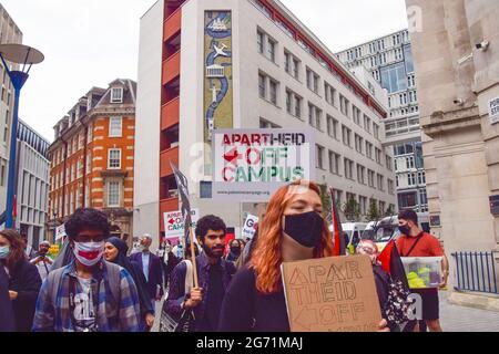 London, UK. 9th July 2021. Demonstrators at the London School of Economics (LSE) during the Student Protest For Palestine. Demonstrators marched to various universities in central London demanding they divest from 'all companies complicit in Israeli violations of international law' and that they sever 'all links with complicit Israeli institutions'. Stock Photo